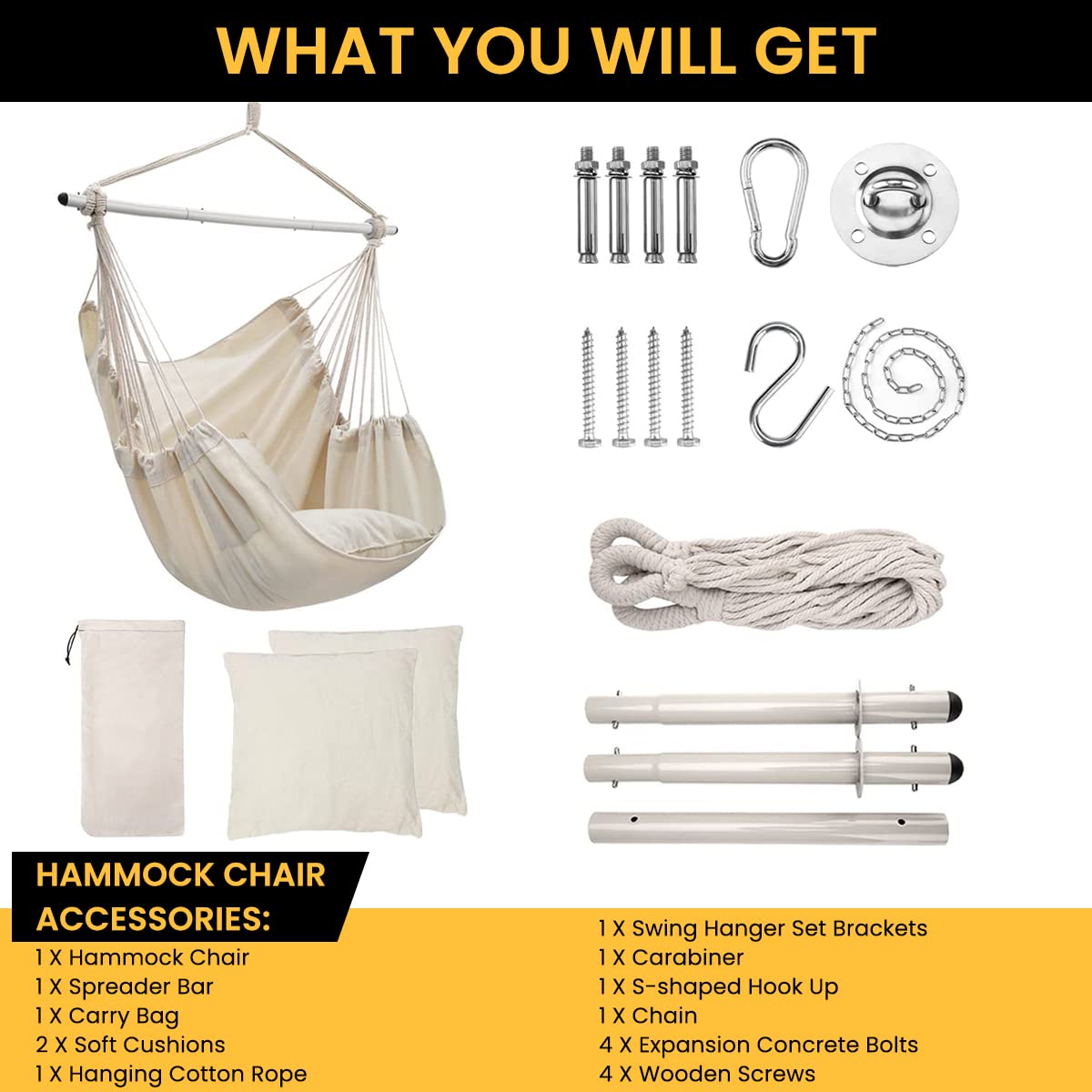 HASTHIP Swing Chair for Adults with 2 Cushions and Pocket, 360° free Rotation Large Macrame Hanging Chair for Indoor Outdoor Balcony(Max 180KG) HASTHIP Swing Chair for Adults with 2 Cushions and Pocket, 360° free Rotation Large Macrame Hanging Chair for Indoor Outdoor Balcony(Max 180KG)
